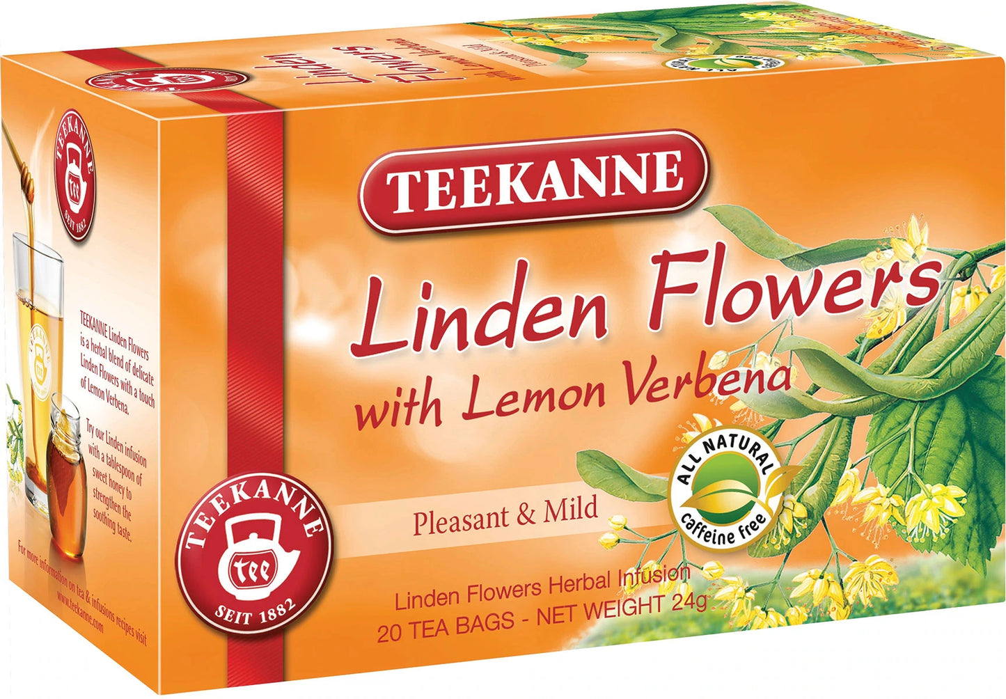 box of Teekanne Linden Flowers with Lemon Verbend Herbal Infusion Tea, 20TB