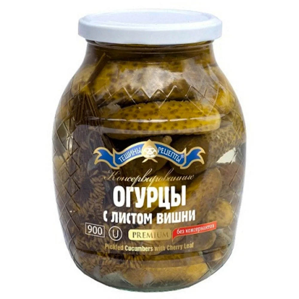 jar of Teshchiny Retsepty Cucumbers w/ Cherry Leaf, 900g