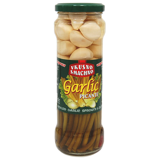 jar of Vkusno Smachno Pickled Garlic Sprouts & Cloves, 370mL