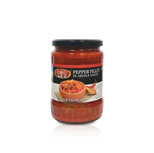 jar of Zergut Pepper Fillet in Adjika Sauce, 19oz